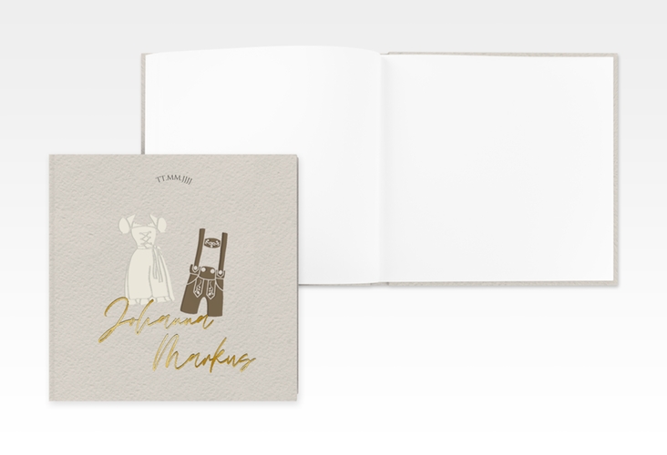 Gästebuch Creation Hochzeit Trachtenhochzeit 20 x 20 cm, Hardcover gold mit Dirndl und Lederhose