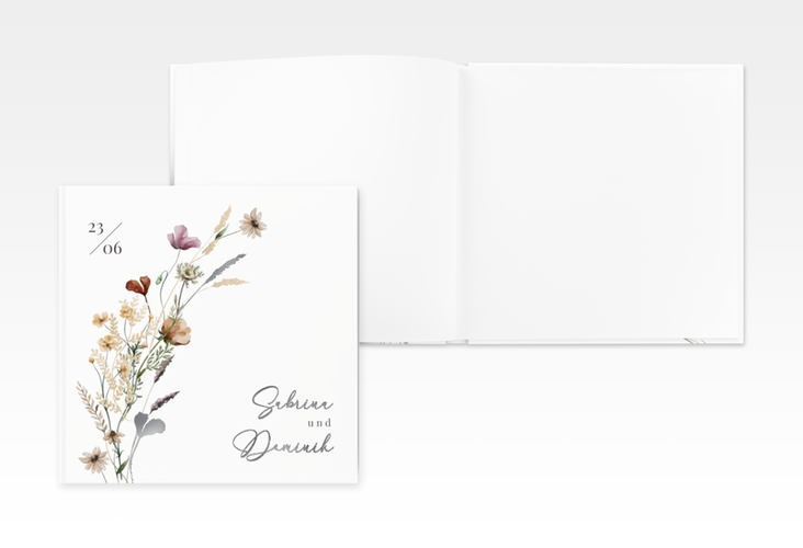 Gästebuch Creation Hochzeit Sauvages 20 x 20 cm, Hardcover silber mit getrockneten Wiesenblumen