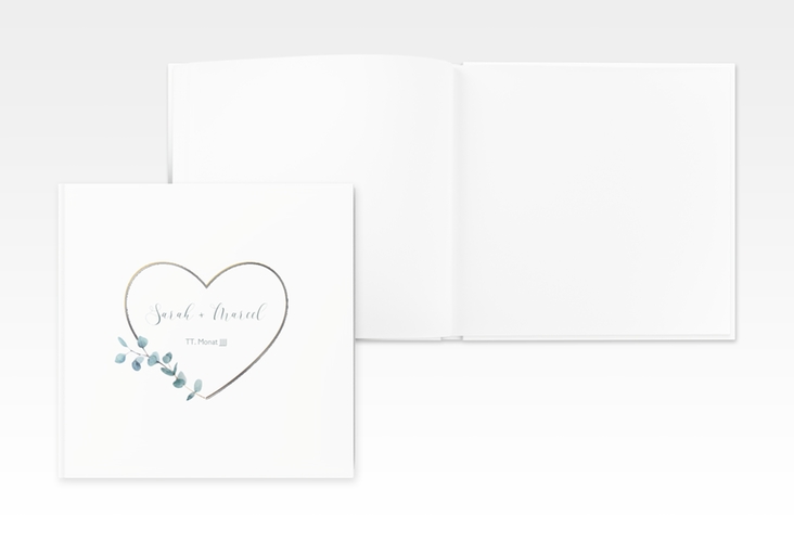 Gästebuch Creation Hochzeit Greenheart 20 x 20 cm, Hardcover silber mit elegantem Herz und Eukalyptus-Zweig