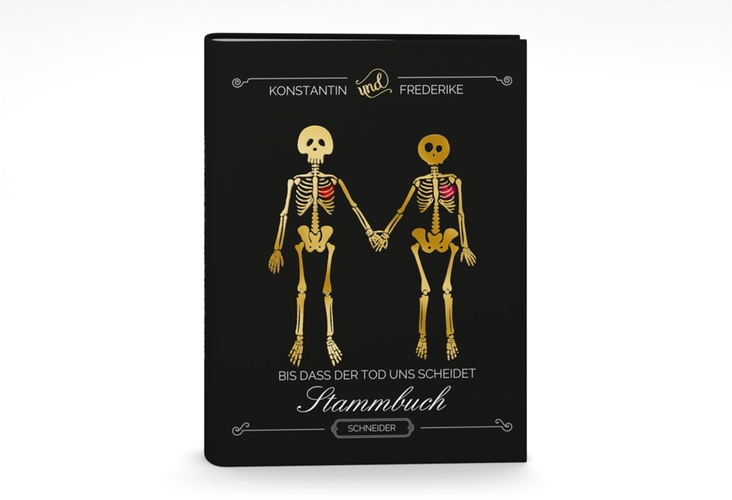 Stammbuch A5 Bones Stammbuch A5 gold mit Skelett-Ehepaar im Cartoon-Stil