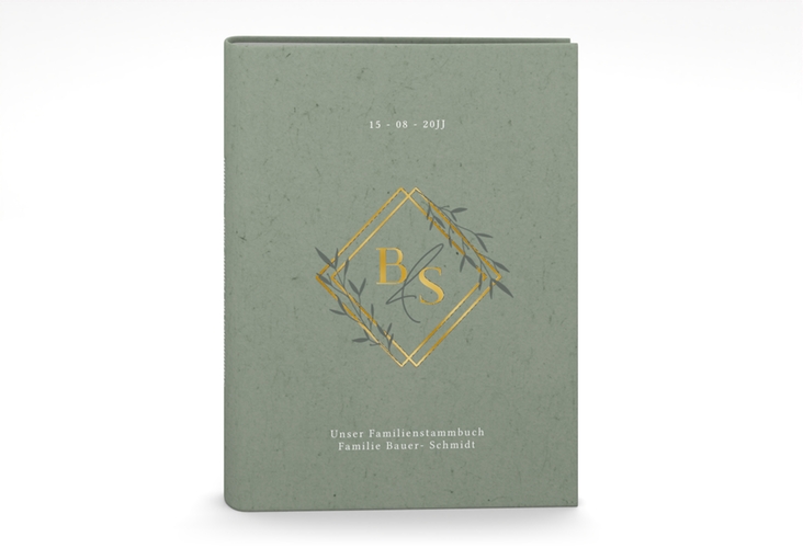 Stammbuch A5 Greenletter Stammbuch A5 gold mit Initialen in elegantem Goldrahmen mit Blättern