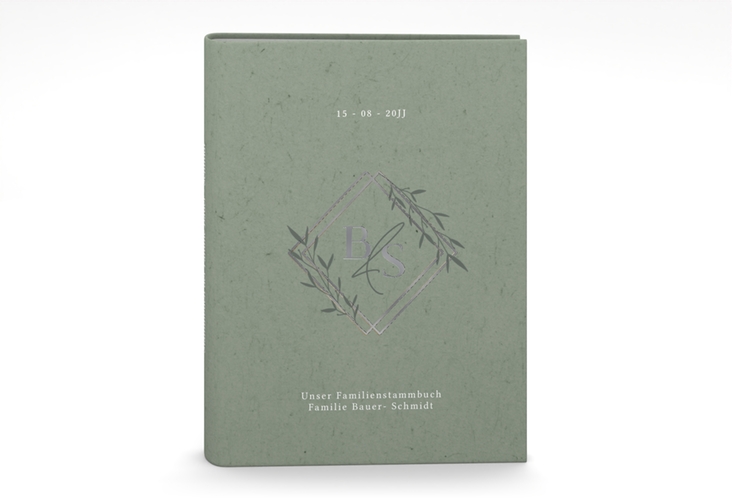 Stammbuch A5 Greenletter Stammbuch A5 silber mit Initialen in elegantem Goldrahmen mit Blättern