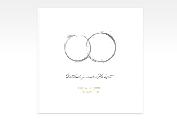 Gästebuch Creation Hochzeit Trauringe 20 x 20 cm, Hardcover silber minimalistisch gestaltet mit zwei Eheringen