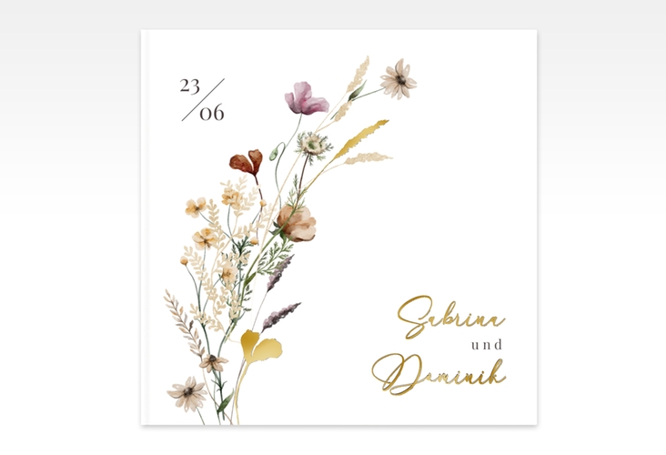 Gästebuch Creation Hochzeit Sauvages 20 x 20 cm, Hardcover gold mit getrockneten Wiesenblumen