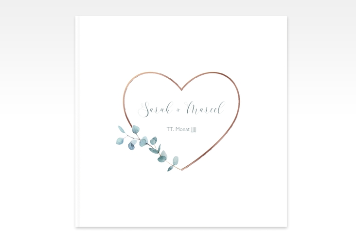 Gästebuch Creation Hochzeit Greenheart 20 x 20 cm, Hardcover rosegold mit elegantem Herz und Eukalyptus-Zweig