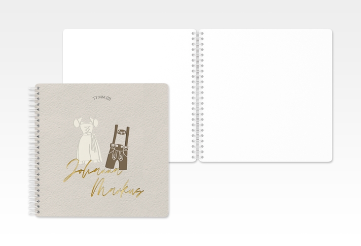 Gästebuch Hochzeit Trachtenhochzeit Ringbindung gold mit Dirndl und Lederhose