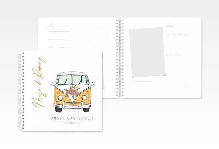 Gästebuch Hochzeit Hochzeitsbulli Ringbindung gold