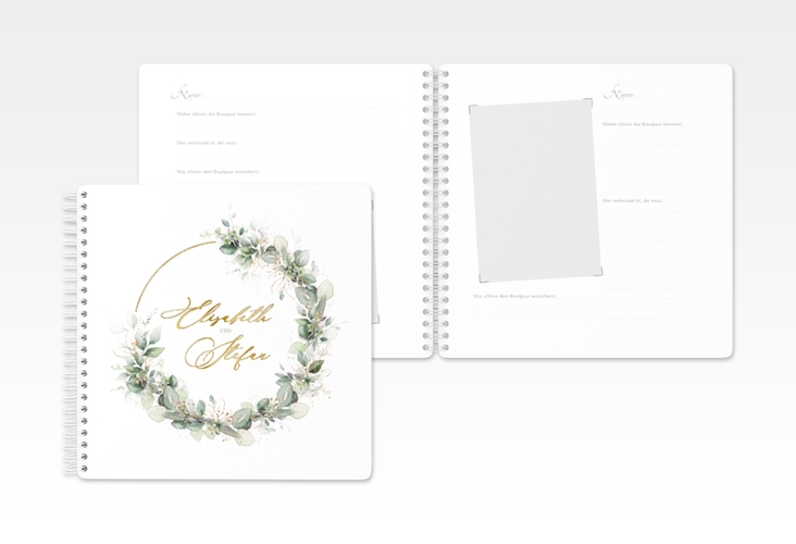 Gästebuch Hochzeit Selvatica Ringbindung gold mit Eukalyptus-Kranz