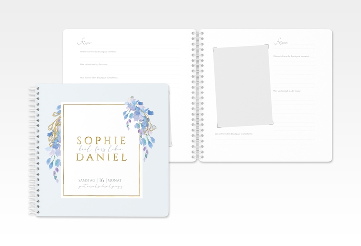 Gästebuch Hochzeit Blauregen Ringbindung gold mit Wisteria-Blüten