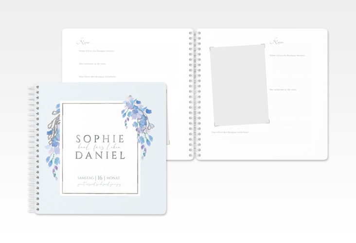 Gästebuch Hochzeit Blauregen Ringbindung silber mit Wisteria-Blüten