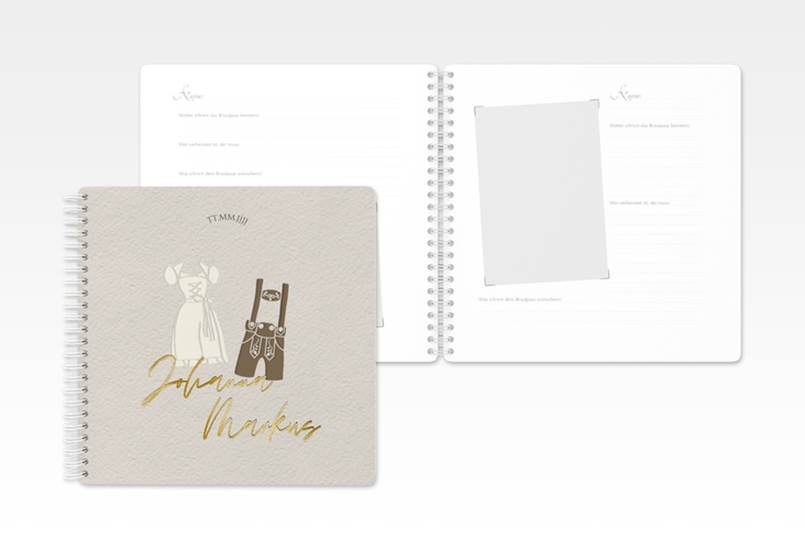 Gästebuch Hochzeit Trachtenhochzeit Ringbindung gold mit Dirndl und Lederhose