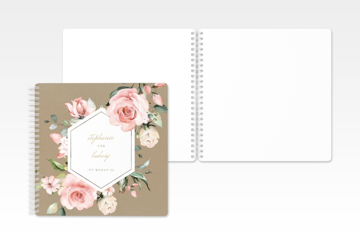 Gästebuch Hochzeit Graceful Ringbindung silber mit Rosenblüten in Rosa und Weiß