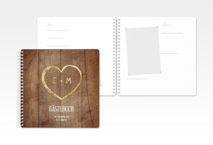 Gästebuch Hochzeit Wood Ringbindung gold in Holz-Optik mit Herz und Initialen
