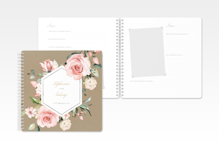 Gästebuch Hochzeit Graceful Ringbindung silber mit Rosenblüten in Rosa und Weiß