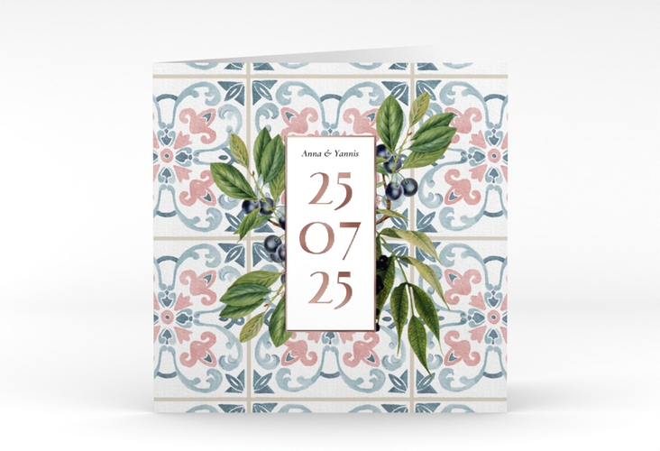 Hochzeitseinladung Mediterraner Flair quadr. Klappkarte rosegold mit Auzlejo-Fliesenmuster und Lorbeer