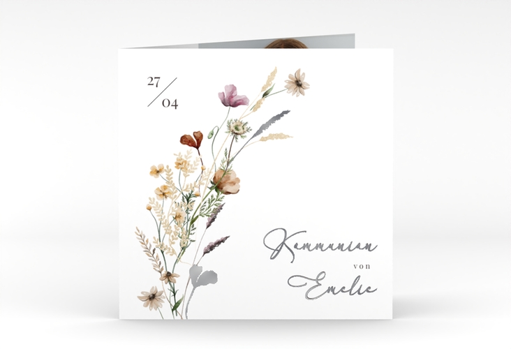 Kommunionseinladung Blumensegen quadr. Klappkarte silber