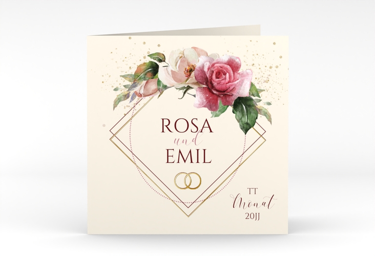 Hochzeitseinladung Rosenbogen quadr. Klappkarte gold