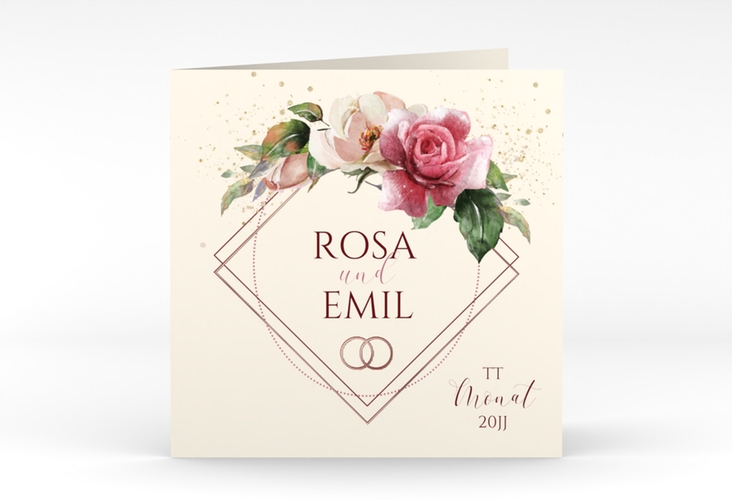 Hochzeitseinladung Rosenbogen quadr. Klappkarte rosegold