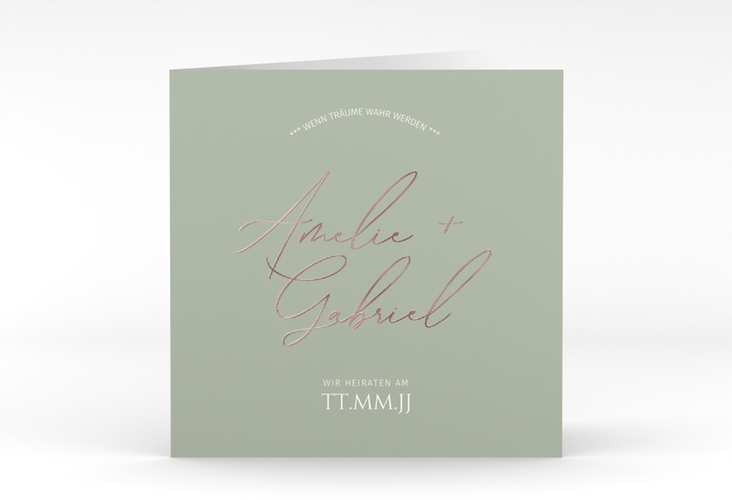 Hochzeitseinladung Federschrift quadr. Klappkarte rosegold in schlichtem Design mit Kalligrafie