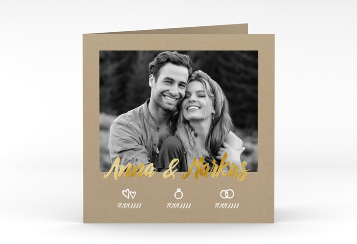 Hochzeitseinladung Icons quadr. Klappkarte gold mit großem Foto des Brautpaars
