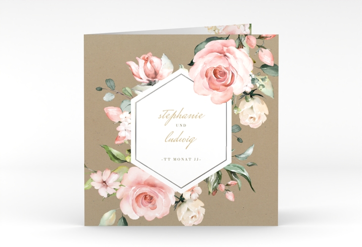 Hochzeitseinladung Graceful quadr. Klappkarte silber mit Rosenblüten in Rosa und Weiß