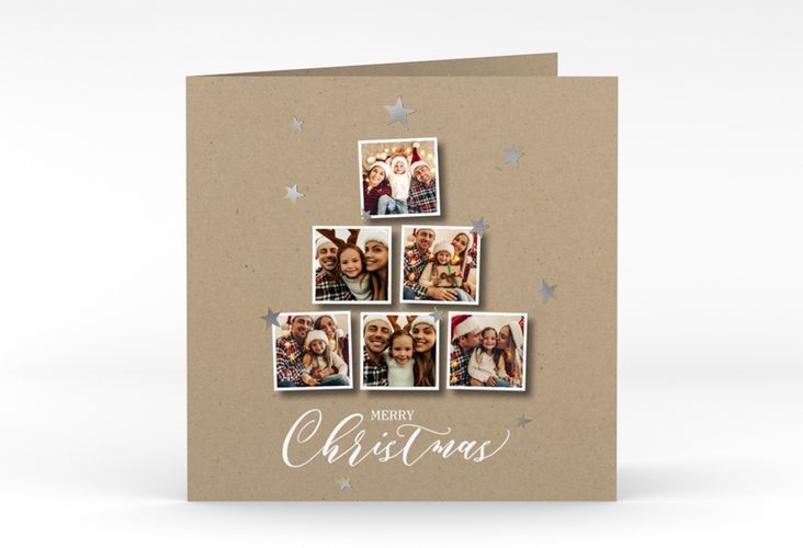 Weihnachtskarte Goldsterne quadr. Klappkarte silber mit sechs Fotos