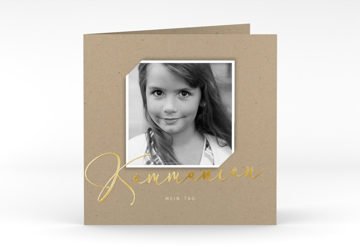 Kommunionseinladung Heilig quadr. Klappkarte gold im Kraftpapier-Design mit Foto