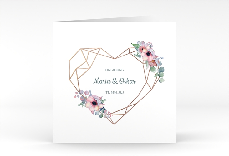 Hochzeitseinladung Herzgold quadr. Klappkarte rosegold