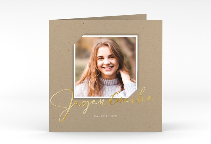 Danksagung Jugendweihe Santo quadr. Klappkarte gold in Kraftpapier-Optik mit Foto