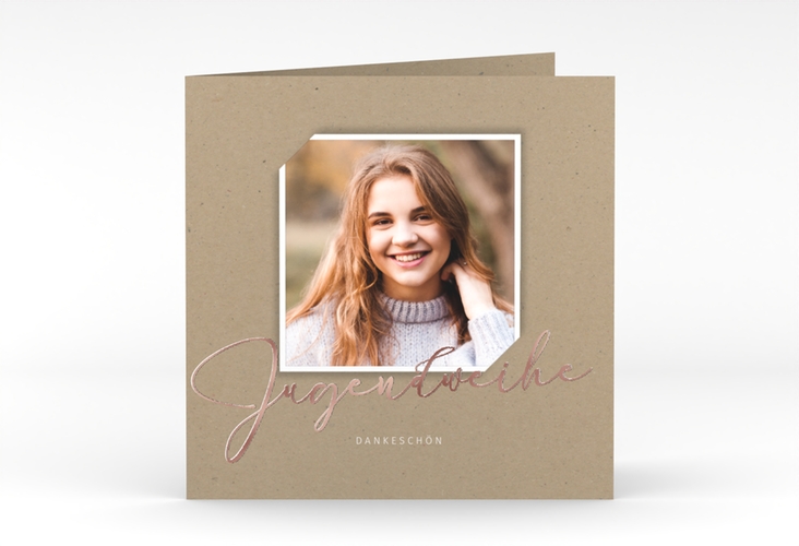 Danksagung Jugendweihe Santo quadr. Klappkarte rosegold in Kraftpapier-Optik mit Foto