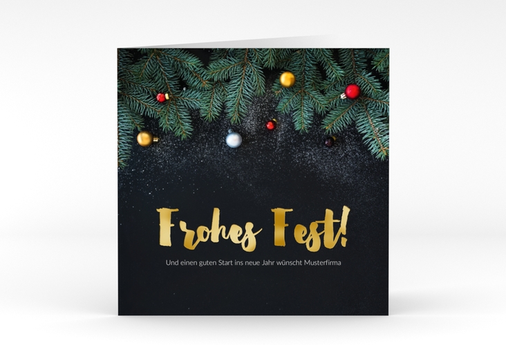 Geschäftliche Weihnachtskarte "Weihnachtlich" quadratische Klappkarte gold mit goldener Schrift und Weihnachtsdekor