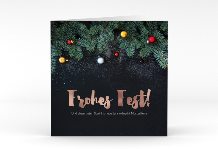 Geschäftliche Weihnachtskarte "Weihnachtlich" quadratische Klappkarte rosegold mit goldener Schrift und Weihnachtsdekor
