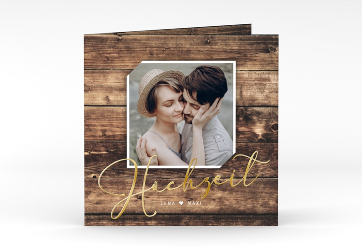 Hochzeitseinladung Rustic quadr. Klappkarte gold in Holz-Optik mit Foto