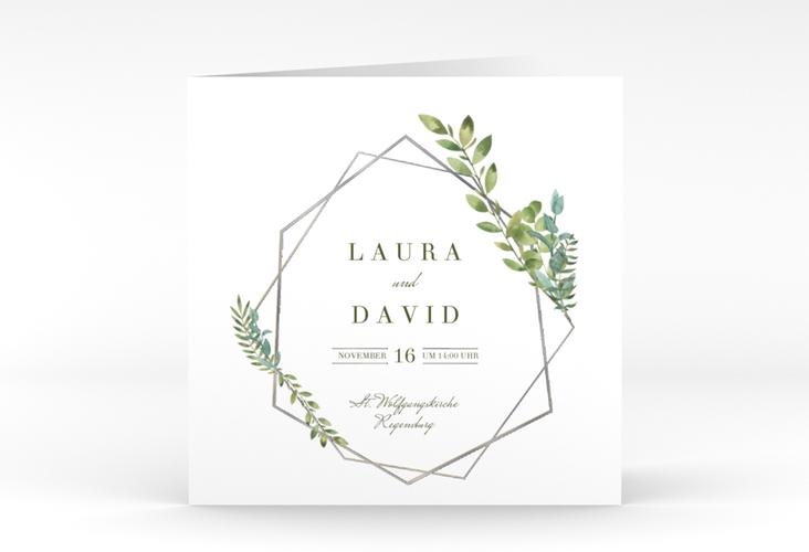 Hochzeitseinladung Herbarium quadr. Klappkarte silber mit geometrischem Rahmen und Blätter-Dekor