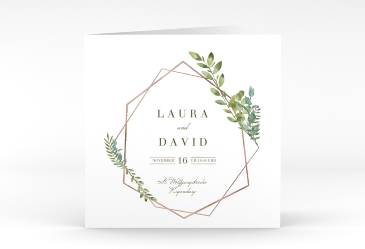 Hochzeitseinladung Herbarium quadr. Klappkarte rosegold mit geometrischem Rahmen und Blätter-Dekor