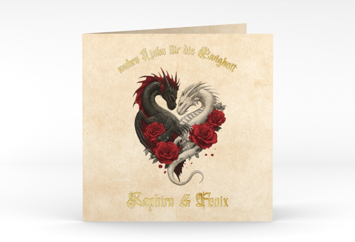 Hochzeitseinladung Drachenliebe quadr. Klappkarte gold mit schwarzem und weißem Drachen zu einem Herz verschlungen