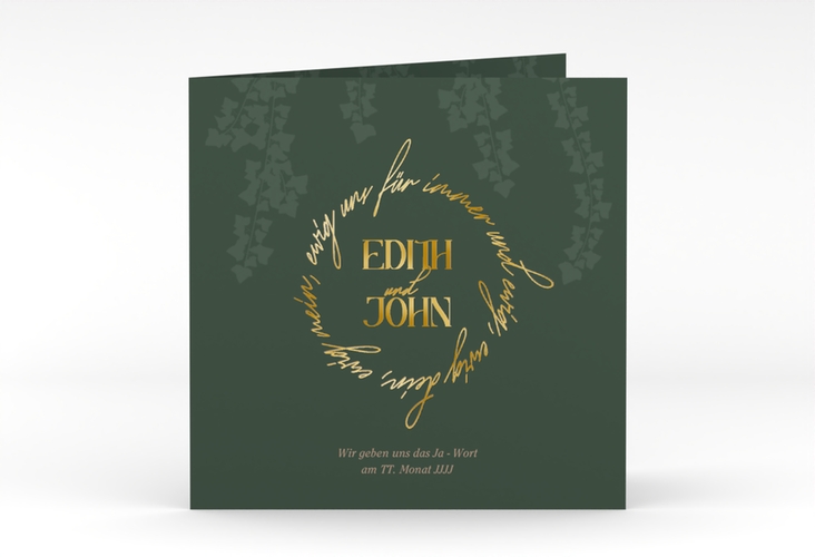 Hochzeitseinladung Efeugrün quadr. Klappkarte gold im Fantasy-Elfen-Design mit Efeu
