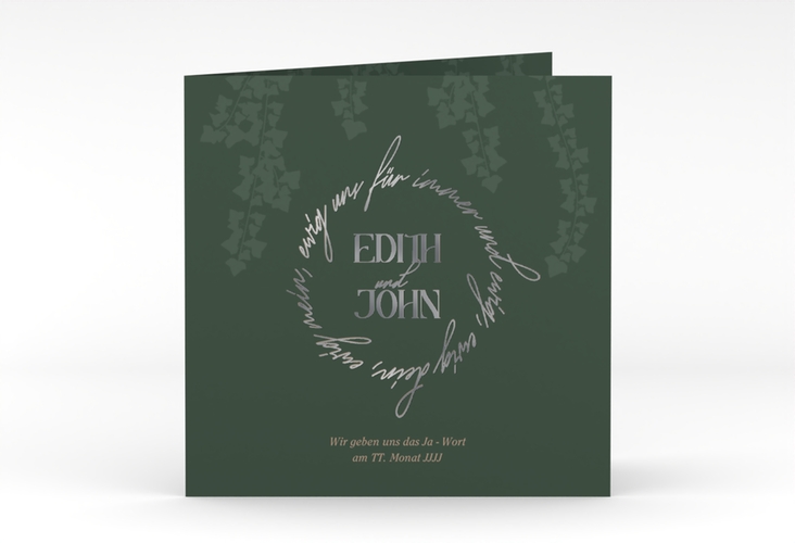 Hochzeitseinladung Efeugrün quadr. Klappkarte silber im Fantasy-Elfen-Design mit Efeu