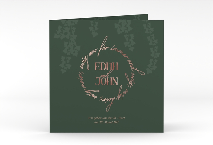 Hochzeitseinladung Efeugrün quadr. Klappkarte rosegold im Fantasy-Elfen-Design mit Efeu