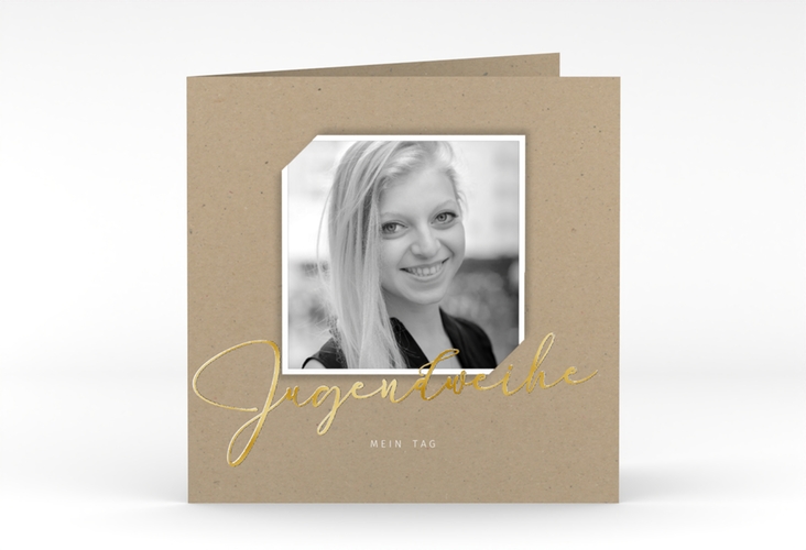 Einladung Jugendweihe Santo quadr. Klappkarte gold im Kraftpapier-Look mit Foto