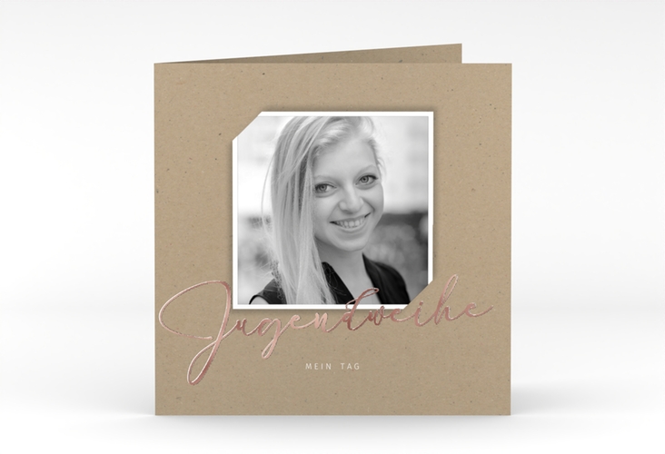 Einladung Jugendweihe Santo quadr. Klappkarte rosegold im Kraftpapier-Look mit Foto