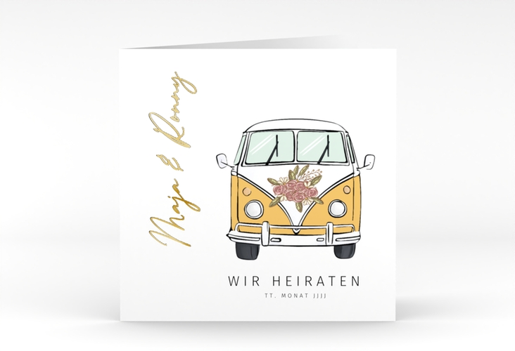 Hochzeitseinladung Hochzeitsbulli quadr. Klappkarte gold