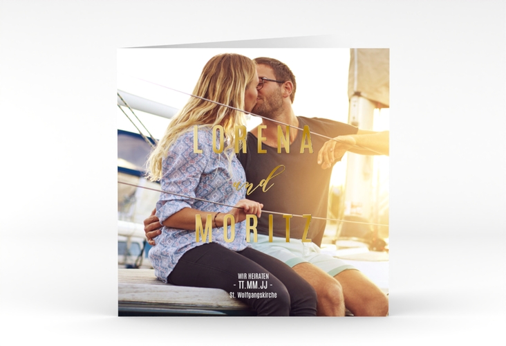 Hochzeitseinladung Memory quadr. Klappkarte gold