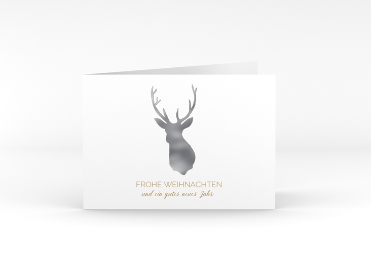 Geschäftliche Weihnachtskarte Deer A6 Klappkarte quer silber und weiß mit Hirschkopf