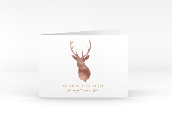 Geschäftliche Weihnachtskarte Deer A6 Klappkarte quer rosegold und weiß mit Hirschkopf