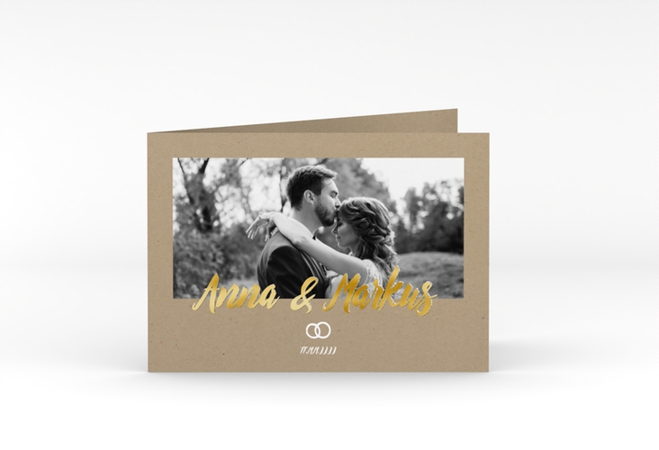 Dankeskarte Hochzeit Icons A6 Klappkarte quer gold in Kraftpapier-Optik mit Foto