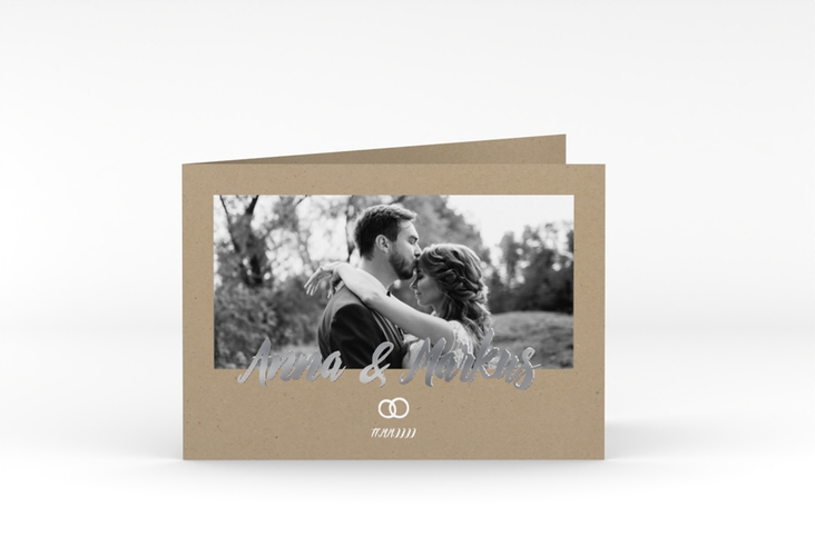 Dankeskarte Hochzeit Icons A6 Klappkarte quer silber in Kraftpapier-Optik mit Foto