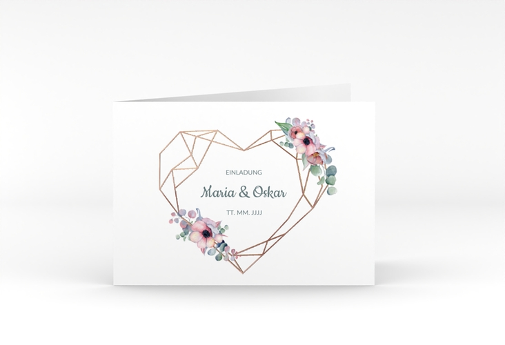 Hochzeitseinladung Herzgold A6 Klappkarte quer rosegold