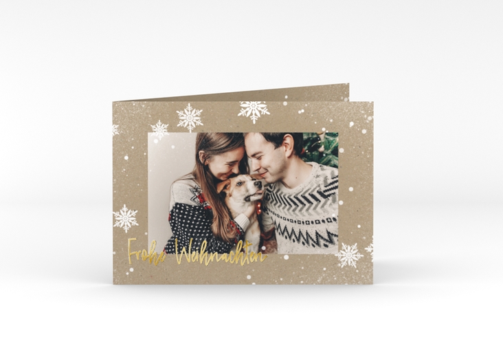 Weihnachtskarte Schneezauber A6 Klappkarte quer gold mit Foto und Schneeflocken