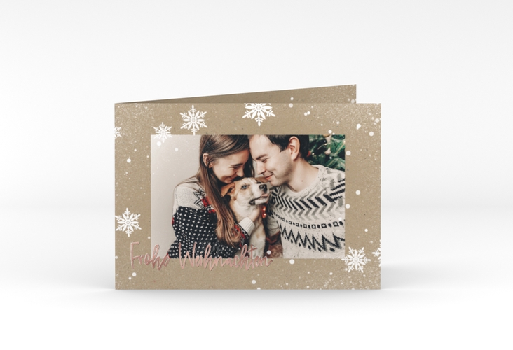 Weihnachtskarte Schneezauber A6 Klappkarte quer rosegold mit Foto und Schneeflocken